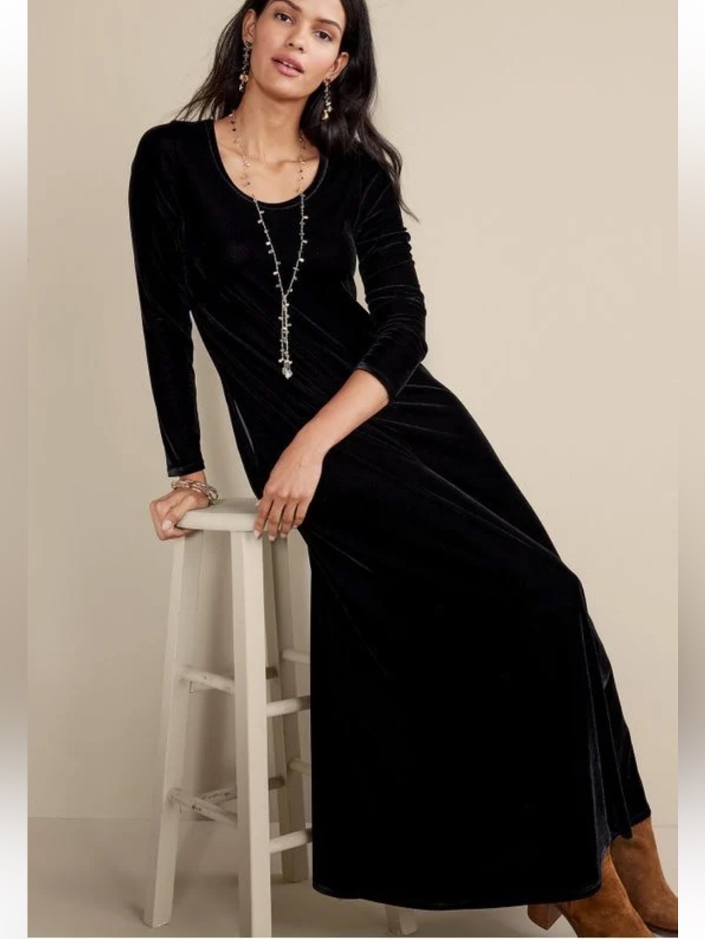 Soft Surroundings Santiago Stretch Velvet Maxi Dress Long Sleeve Black Sz L